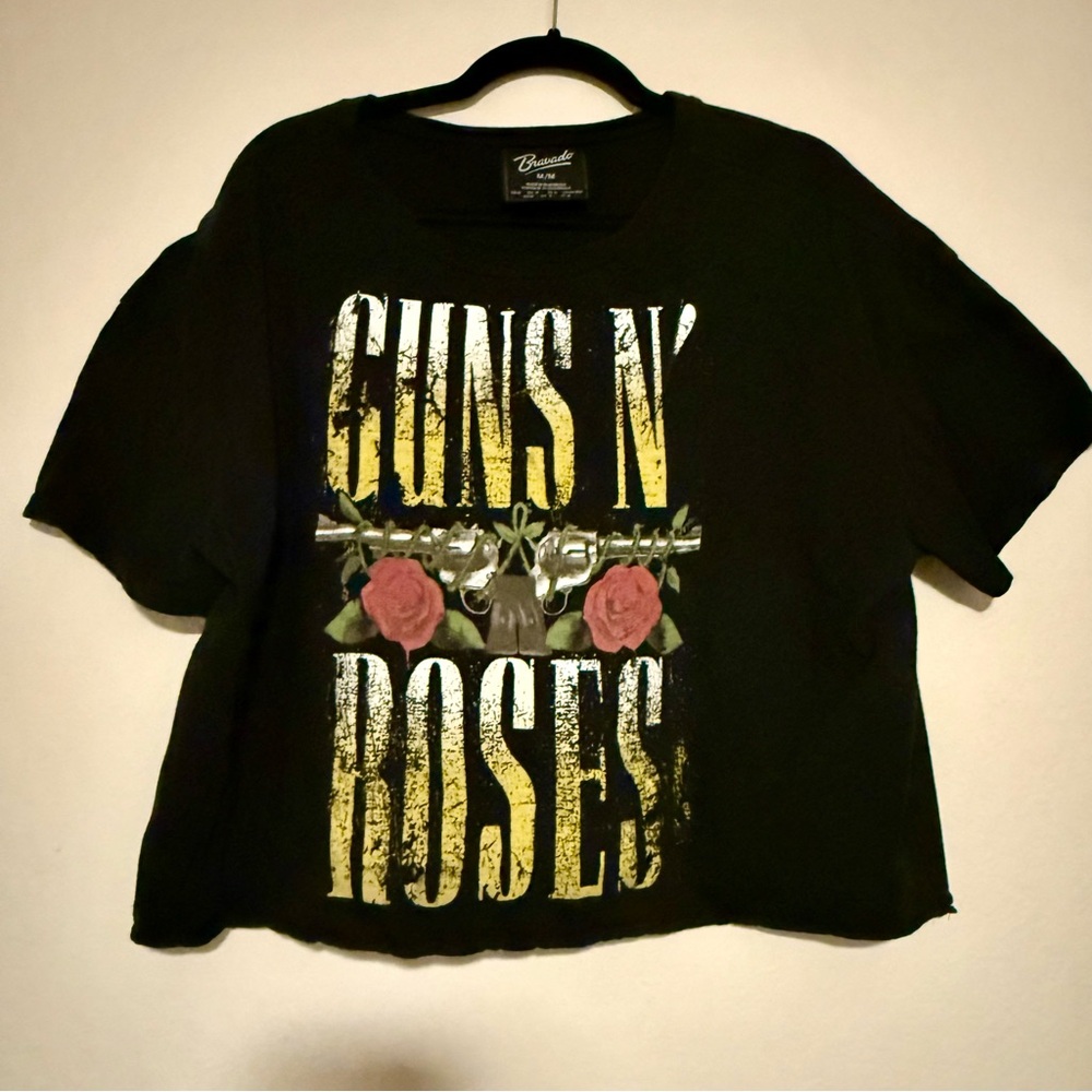 Guns N Roses Bravado Short Sleeve Cropped Tee T-shirt Black Yellow Womens Medium